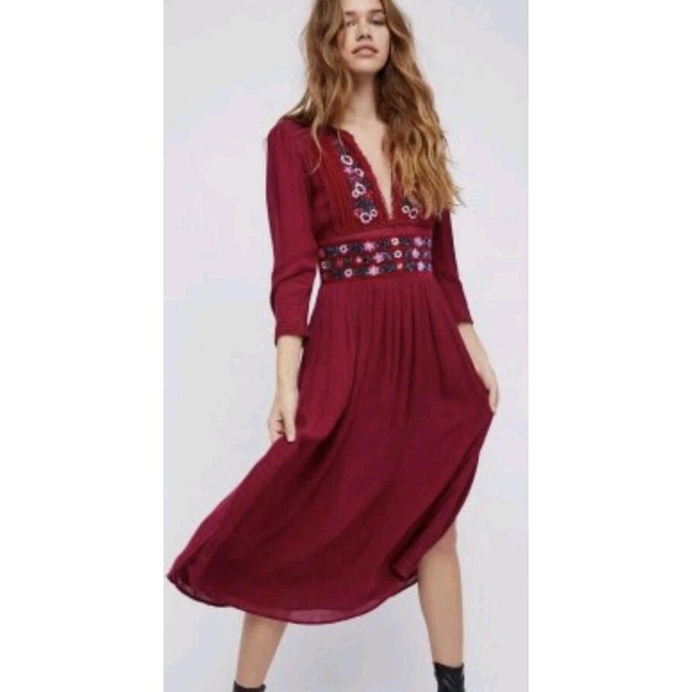 Free People Flora Embroidered Raspberry Magenta Dress Small Women Midi Boho